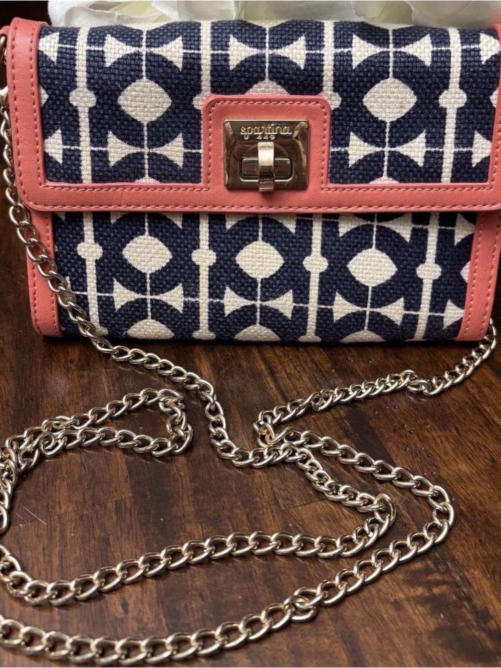 Spartina 449 Navy & Coral Patterned Chain Crossbody